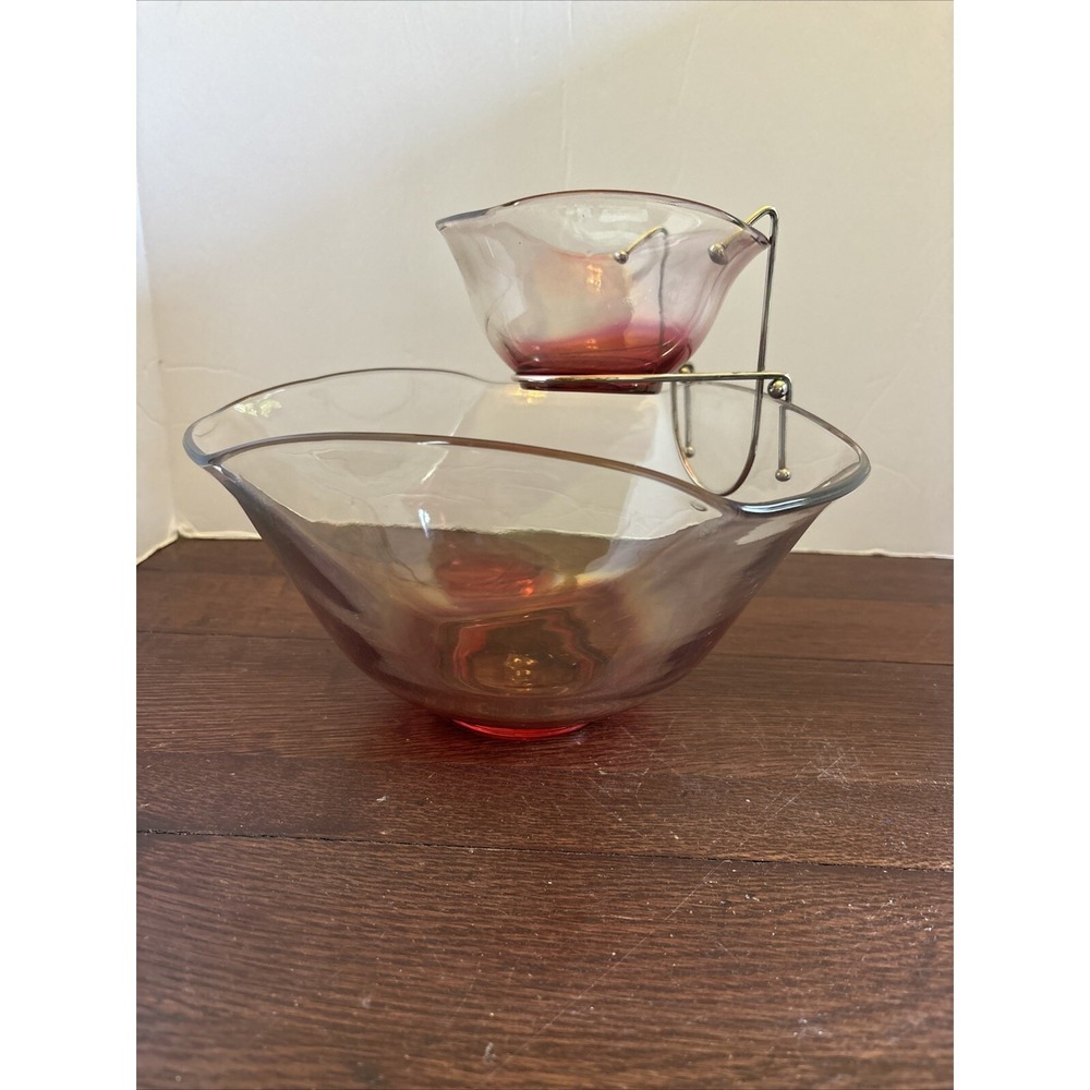VTG Anchor Hocking‎ Pink Ombre Scalloped Chip/Dip Bowl Set,Hanger Fridgescaping